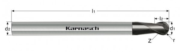 Karnasch VHM-3D-Radiusfräser, lang, Rockwell Cutter d= 4,0/ r= 2,0 / Schaft 6 mm HHC UFX 24, 3064770400
