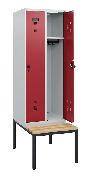 C+P Spind Evolo PLUS, 2 Abteile, 1950x600x815mm, 7035/3003, Drehriegel, Sitzfläche Holz, Sitzbank, 0490505-20 S10004