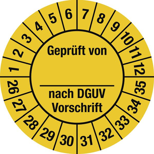Moedel Prüfplakette Geprüft...DGUV Vorschrift, 2026-2035, Dokumentenfolie, Ø25mm, VE: 10 Stück/Bogen, 107128