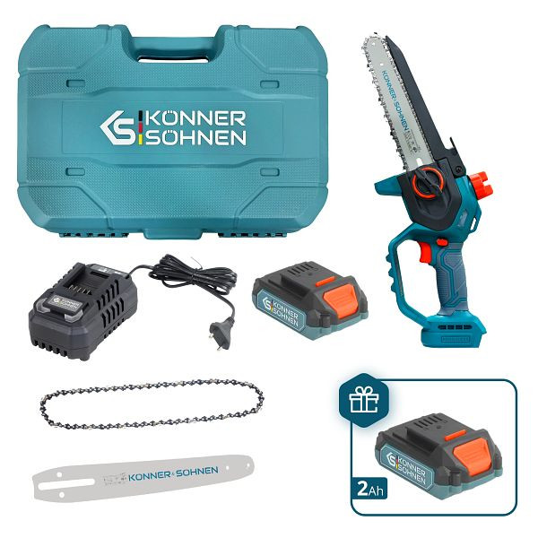 Könner & Söhnen Akku-Mini-Kettensäge, Kettengeschwindigkeit 8 m/s, inkl. 2 Akkus und Ladegerät, KS MCS20V-8 CASE PLUS