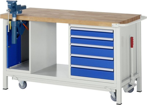 RAU Absenkbare Werkbank 8000 - Modell 8187, B1500 x T700 x H880 mm, mit Schraubstockschrank, 15-8187A6-157B4F.11