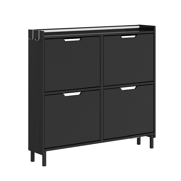 SoBuy Schuhschrank Schwarz mit 4 Klapptüren, Schuhregal mit Haken und Ablage, aus MDF, 100×19×93 cm, Tragkraft 34 kg, FSR100-E-SCH