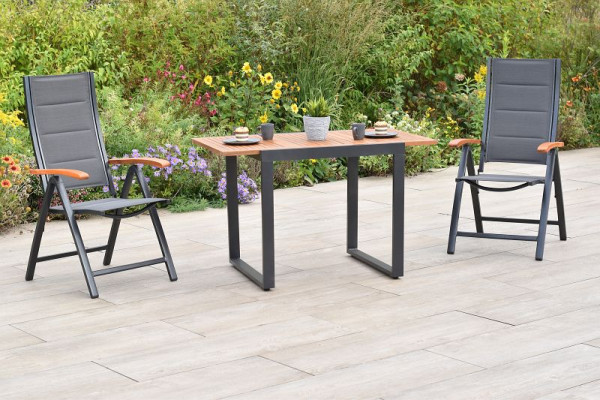 Merxx Paxos Set 3-teilig, 2 Klappsessel, gepolstert, graphit/grau, 1 Balkonausziehtisch 80 (120) x 70 cm, Tischplatte aus Akazienholz, 50999-307