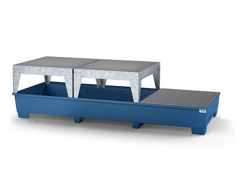 DENIOS Auffangwanne classic-line für 3 IBC, blau lackiert, 2 Abfüllböcke und 1 Gitterrost, 273877