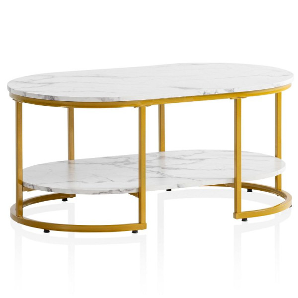 Wohnling Couchtisch 100x60x45cm Weiß mit Marmor Optik, Wohnzimmertisch Rechteckig, Sofatisch mit Ablage, Kaffeetisch mit goldenem Metallgestell, WL6.895