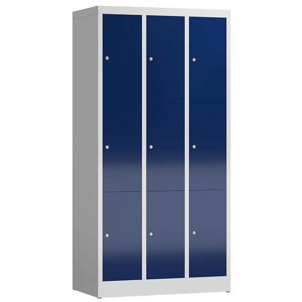 Lüllmann ClassiX Schließfachschrank, 3 Abteile à 3 Fächer, 1800 x 870 x 500 mm, lichtgrau/enzianblau, X-520331