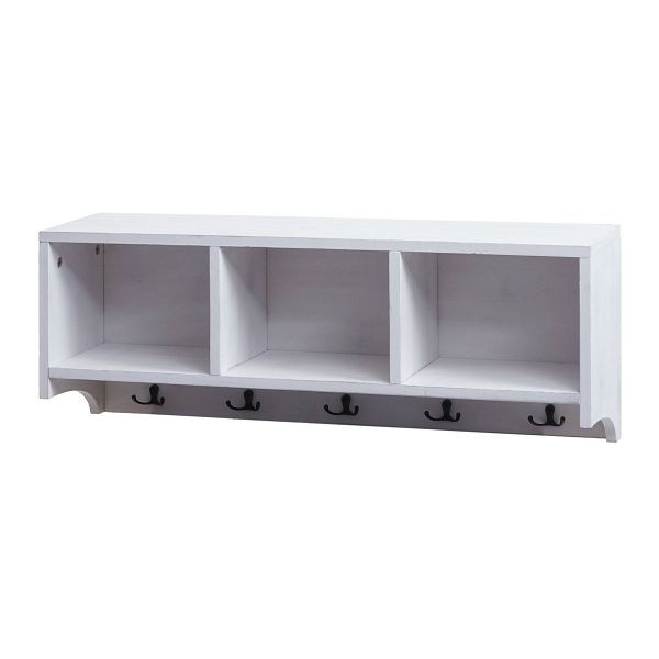 Mendler Wandregal HWC-K49, Garderobe Wandgarderobe Regal, 3 Staufächer 5 Haken 30x80x20cm Holz, weiß, shabby, 94412
