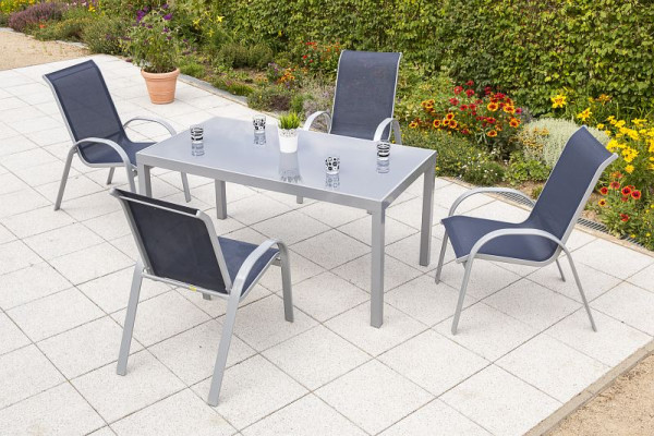 Merxx Amalfi Set 5-teilig, 4 Amalfi Stapelsessel, 1 Tisch 150 x 90 cm, graue Glasplatte, silber/marineblau, 50342-313