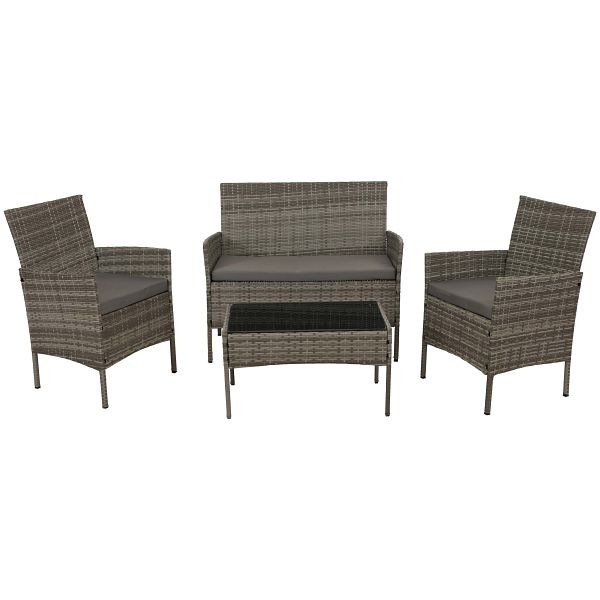 Mendler Poly-Rattan Garten-Garnitur HWC-N98, Sitzgruppe Lounge-Set, Metall Glas Stoff/Textil (180g/m²), grau, Kissen hellgrau, 159070