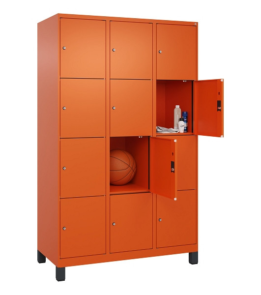 C+P Schließfachschrank Evolo PLUS, mit Füßen, 12 Fächer, 1950x1200x500mm, 2004/2004 Reinorange, Abteile 3, Abteilbreite 400 mm, 049010-324 S10023