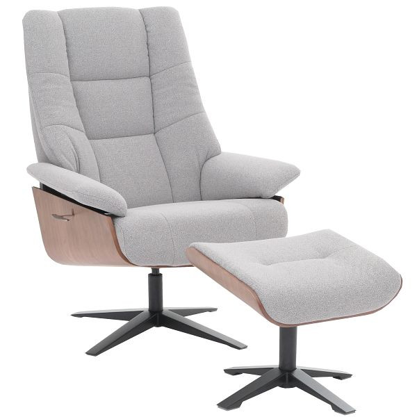 MCA Relaxsessel + Hocker HWC-N57, Fernsehsessel Liegesessel, Bouclé Stoff Holz, grau, 107242