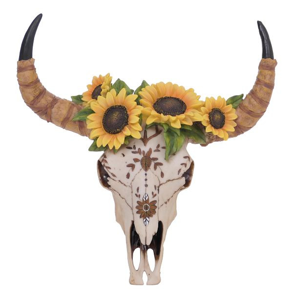 Mendler Deko Schädel HWC-Q10, Polyresin Stier Bulle Longhorn Kopf Trophäe mit Verzierung Sonnenblume, In-/Outdoor 42cm, 122470