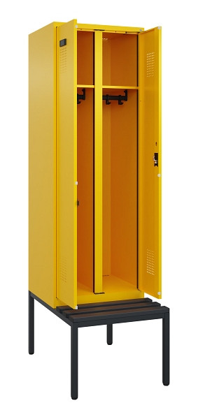 C+P Schwarz-Weiß-Spind Evolo PLUS, Bank, 2 Abteile, 2120x600x815mm, 1023/1023, Zylinderschloss, Sitzfläche Kunststoff, Sitzbank, 0490527-20 S10102