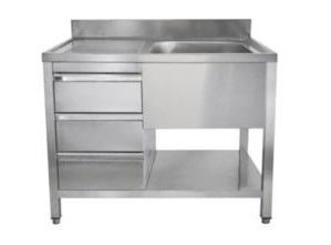 A&S Gastro Spültisch mit Schubladenblock, 1 Becken rechts, Bautiefe 700 mm, 120x700x850 mm, SPT1271BR-S