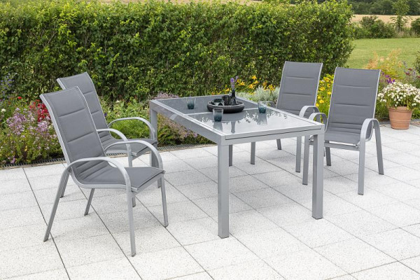 Merxx Amalfi Set 5-teilig, 4 Amalfi Stapelsessel mit hoher Rückenlehne, 1 Ausziehtisch 140 (200) x 90 cm, silber/grau, 50354-309