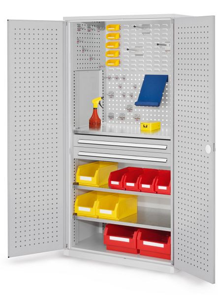 Kappes RasterPlan Schubladenschrank, Modell 11, RAL 7035, Türinnenseite: Lochplatten, 1950 x 1000 x 600 mm, 2 Schubladen H 100 mm, 1460.01.3013