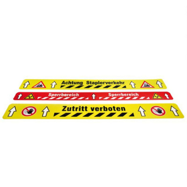 Stein HGS Bodenmarkierungsstück -WT-5125- bedruckt, hubwagenüberfahrbar und kratzfest, ohne Aufdruck, gelb-schwarz linksweisend, VE: 5 Stück, Breite: 75 mm, 33937