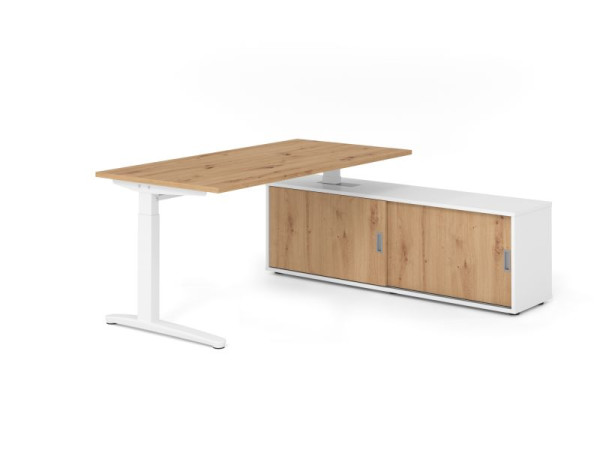 Hammerbacher Schreibtisch XB16, 160x80cm, Platte: Asteiche, 25mm dick, C-Fuß Gestell Weiß, höheneinstellbar, Ahorn, VXBE16SB/R/W/W/R