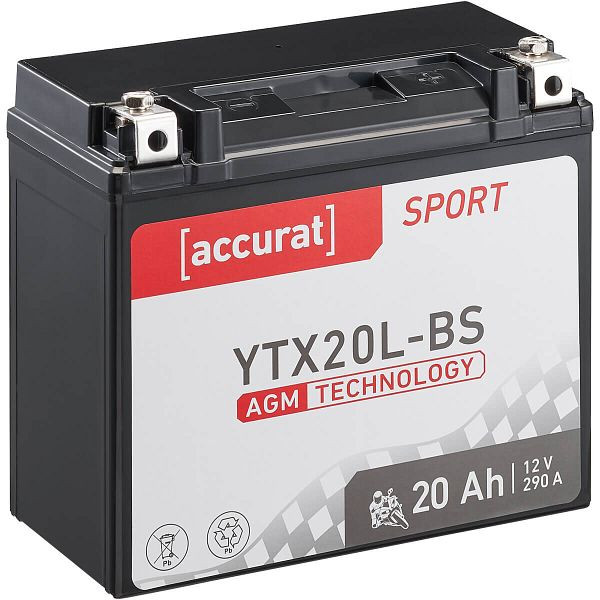 Accurat Sport AGM YTX20L-BS Motorradbatterie 20Ah 12V 290A, MBA-YTX20L