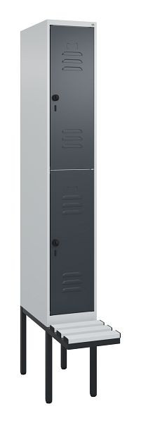 C+P Doppelstöckiger Spind Classic PLUS, 2120x300x815mm, 7035/7016, Drehriegel, mit Untergestell und schwebender Sitzfläche, 0803407-10 S10113