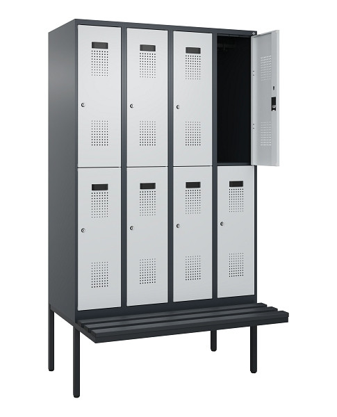 C+P Doppelstock-Spind Evolo PLUS, Bank, 8 Fächer, 2120x1200x815mm, 7016/7035, Zylinderschloss, Sitzfläche Kunststoff, 0493407-40 S10125