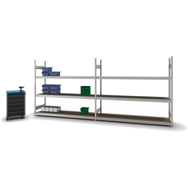 hofe Großfach-Grundregal, 2000x600x2200 mm, 3 Fachebenen, Spanplatte verzinkt, 350 kg Fachlast, 1200 kg Feldlast, zweiseitige Bedienung, GZG20622S