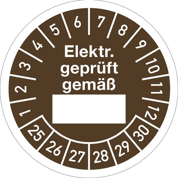 Moedel Prüfplakette Elektr. geprüft gemäß 2025-2030, Dokumentenfolie, Ø 30 mm, VE: 10 Stück/Bogen, 106439