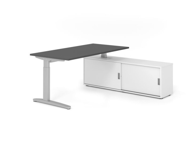Hammerbacher Schreibtisch XB16, 160x80cm, Platte: Graphit, 25mm dick, C-Fuß Gestell Silber, höheneinstellbar, Weiß / Weiß, VXBE16SB/G/S/W/W