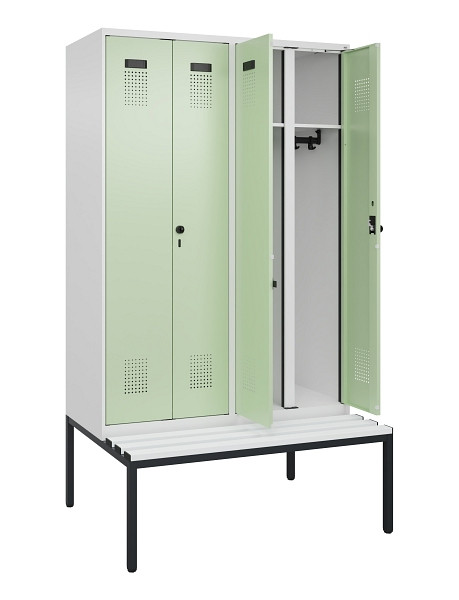 C+P Schwarz-Weiß-Spind Evolo PLUS, Bank, 4 Abteile, 2120x1200x815mm, 9016/6019, Drehriegel, Sitzfläche Kunststoff, Sitzbank, 0490527-40 S10073