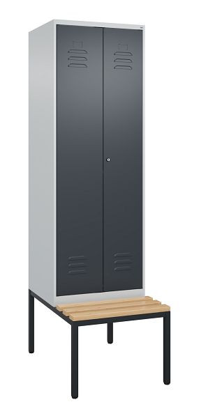 C+P Umkleidespind Classic PLUS, 2 Abteile, 2120x600x815mm, 7035/7016, Zylinderschloss, mit untergebauter Sitzbank, Buche-Sitzleisten, 0800527-20P S10052