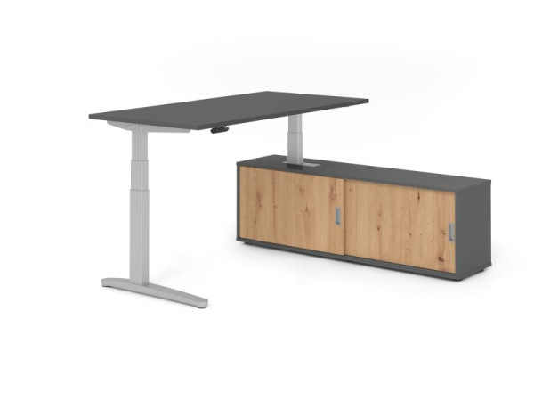 Hammerbacher Schreibtisch XBHM16, 160x80cm, Platte: Graphit, 25mm dick, C-Fuß Gestell Silber, Höhe: 65 - 129 cm, Graphit / Asteiche, VXBHM16SB/G/S/G/R