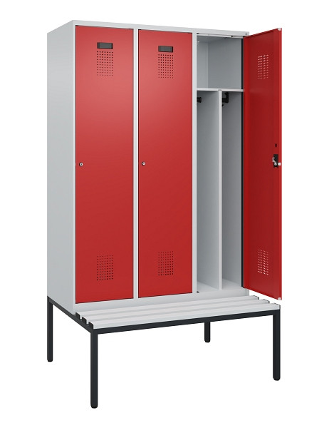 C+P Spind Evolo PLUS, 3 Abteile, 2120x1200x815mm, 7035/3000, Haken 4, Zylinderschloss, Sitzfläche Kunststoff, Sitzbank, Trennwand, 0490507-32F S10084