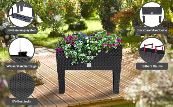 DEUBA Hochbeet Polyrattanoptik Anthrazit 60x25x46cm Bewässerungssystem, 108518
