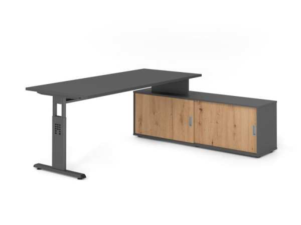 Hammerbacher Aufsatz-Schreibtisch OSE19, 180x80cm, Platte: Graphit, 25mm dick, T-Fuß Gestell Graphit, Ahorn, SB/G/G/G/R, VOSE19SB/G/G/G/R