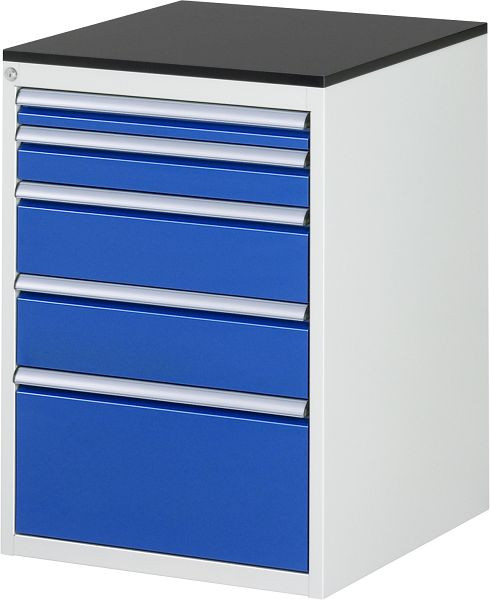 RAU Schubladenschrank Serie 7000, B580xT650xH820mm, Schubladen: 1xH60, 1xH90, 2xH150, 1xH270mm, Arbeitsplatte melaminharzbeschichtet, 03-L5.2A-M.11