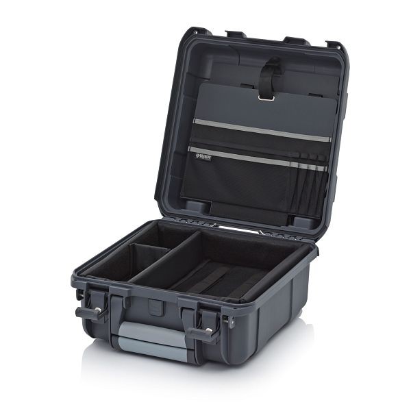 Auer Schutzkoffer Pro Trolley, Anthrazitgrau, mit 2 gleichschließenden Schlössern, Laptopeinsatz 13" mit Deckeltafel Band grau, CP S 4422 B3-7016