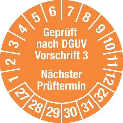 DENIOS Prüfplakette "Geprüft DGUV/Termin", 27 - 32, orange, Folie, SK, 30 mm, VE: 5 Bogen à 15 Stück, 290174