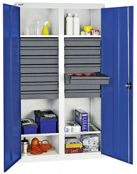 stumpf Werkzeug- und Materialschrank Serie 3000, 7035/5010, 14 Schublade 100 mm, Mitteltrennwand, 4 Wannenböden, 3004474