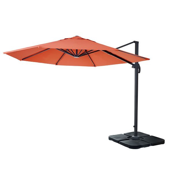 Mendler Gastronomie-Ampelschirm HWC-A96, Sonnenschirm, rund Ø 3m Polyester Alu/Stahl 23kg, terracotta mit Ständer, drehbar, 138539+31831+122472