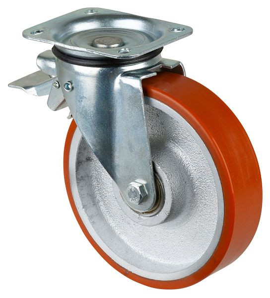 BS Rollen Schwerlastrolle mit Feststeller, Breite 40 mm, Ø200 mm, bis 450 kg, Guss-Polyurethan 95 Shore A, Radkörper Guss, Kugellager, N120.C10.201