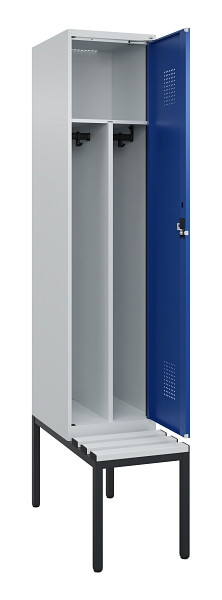 C+P Spind Evolo PLUS, 1 Abteile, 2120x400x815mm, 7035/5010, Haken 4, Zylinderschloss, Sitzfläche Kunststoff, Sitzbank, Trennwand, 0490507-12F S10087
