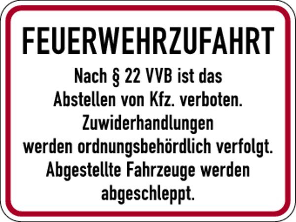 Schilder Klar Brandschutzzeichen Feuerwehrzufahrt nach § 22 VVB, 400x300x0.6 mm Aluminium geprägt, 159/56