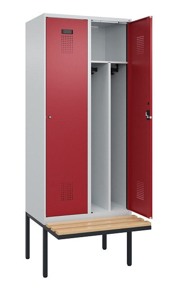 C+P Spind Evolo PLUS, 2 Abteile, 2120x800x815mm, 7035/3003, Haken 4, Zylinderschloss, Sitzfläche Holz, Trennwand, 0490407-22F S10031