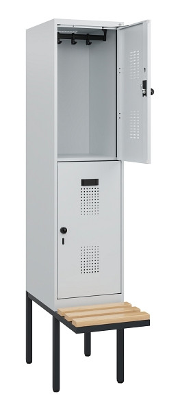 C+P Doppelstock-Spind Evolo PLUS, Bank, 2 Fächer, 1950x400x815mm, 7035/7035, Drehriegel, Sitzfläche Buche-Hartholz, 0493405-12 S10013