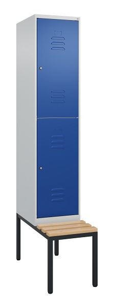 C+P Doppelstöckiger Spind Classic PLUS, 2120x400x815mm, 7035/5010, Zylinderschlösser, Sitzleisten aus Buche, mit untergebauter Sitzbank, 0803507-12 S10093