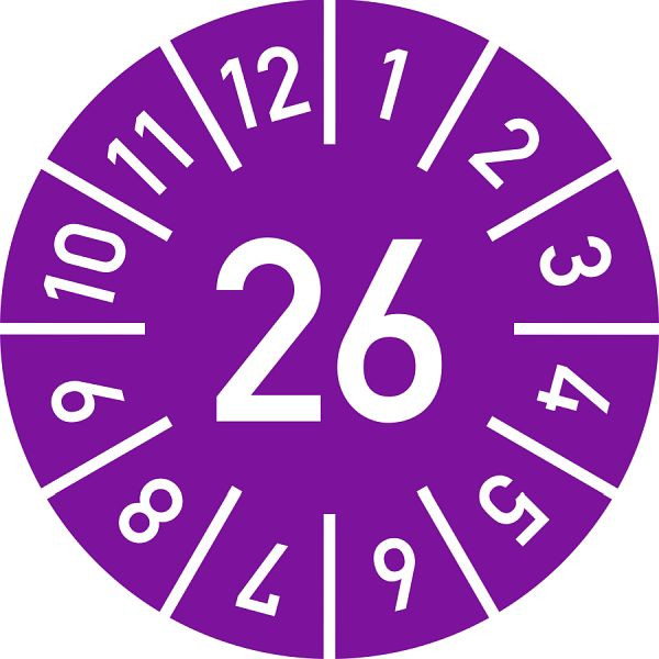 Moedel Prüfplakette Jahr 26 mit Monaten, violett, Folie, Ø 10 mm, VE: 10 Stück/Bogen, 104951