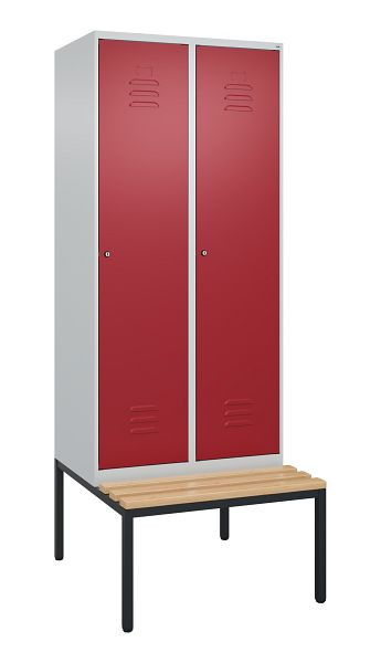 C+P Umkleidespind Classic PLUS mit Mitteltrennwand, Bank, 2 Abteile, 2120x800x815mm, 7035/3003, Zylinderschlösser, Buche-Sitzleisten, 0800507-22F S10046