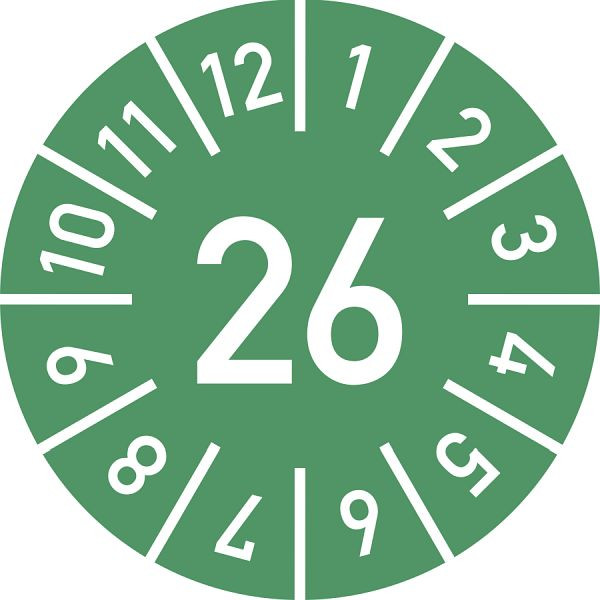Moedel Prüfplakette Jahr 26 mit Monaten, grün, Folie, Ø 10 mm, VE: 10 Stück/Bogen, 103895