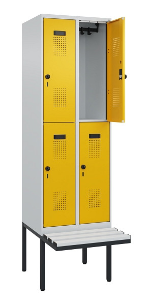 C+P Doppelstock-Spind Evolo PLUS, Bank, 4 Fächer, 2120x600x815mm, 7035/1004, Drehriegel, Sitzfläche Kunststoff, 0493407-20 S10081