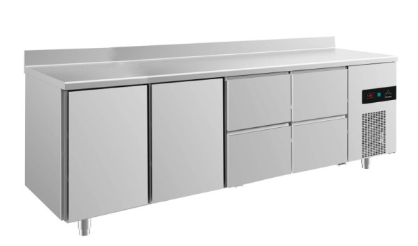 A&S Polarny Kühltisch -2 bis +8°C mit 2x Türen und 2x zwei Schubladen rechts, 2330 x 700 x 850 mm, mit Aufkantung, KT4TTZZA